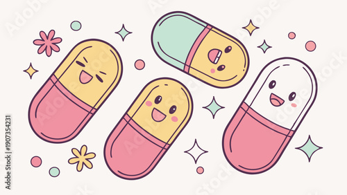 Cute Happy Pill Capsules for Health Wellness Pharmacy Web Design Smiling Medicine Characters for Pediatric Care Advertising