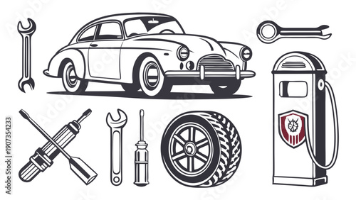 Vintage Car Repair Service Icons Set Garage Tools Wrench Tire Gas Pump for Automotive Workshop Design Projects