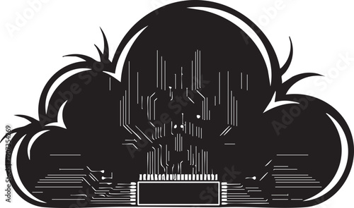 Black cloud with circuit board details and white highlights on a white background technology