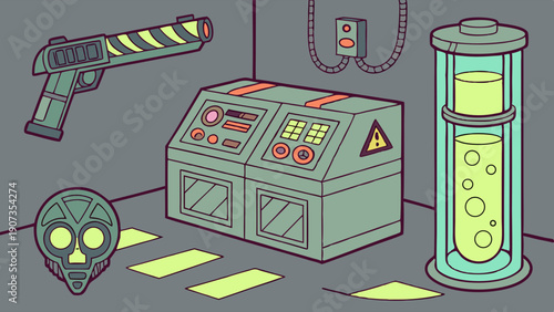 Sci Fi Laboratory Equipment Control Panel Weapon and Glowing Toxic Substance for Game Asset Design or Tech Presentation Background