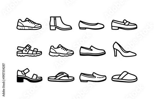 Footwear and shoe styles in linear style: sneaker, ankle boot, ballet flat, loafer, sandal, running shoe, slip on shoe, high heel, platform shoe, flip flop