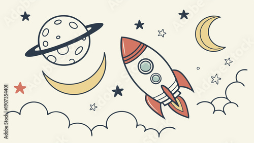 Cute Cartoon Rocket Launching Past Saturn Planet Stars and Moons for Kids Education Website or Nursery Decor Design