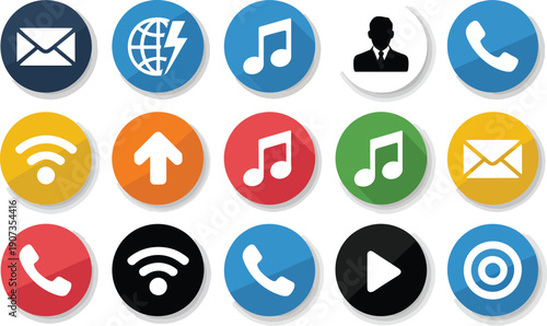 Glossy sticker icon set, colorful circular vector buttons with symbols like mail, phone, music, user, web, and GPS for web, mobile, and UI/UX interface design