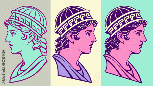 Classical Profile Portraits Set Ancient Greek Style Headwear Vibrant Pop Art Color Variations for History Design Projects