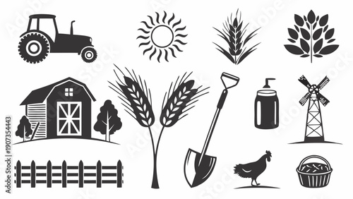 Rustic Farm Icons Set Tractor Barn Wheat Shovel Chicken for Agriculture Web Design Harvest Branding Projects