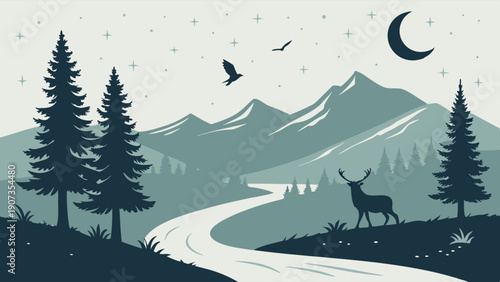 Serene Night Landscape with Deer and Moon over Winding River for Travel Brochures Outdoor Adventure Websites Nature Backgrounds