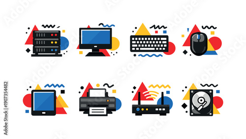 IT Infrastructure in abstract flat style: server rack, desktop monitor, keyboard, mouse, tablet, printer, router, hard drive
