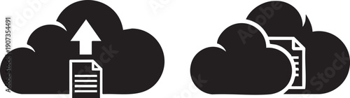 Black clouds with document and arrow for upload and download documents