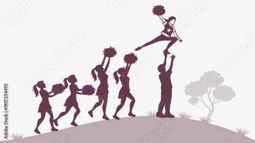 Cheerleading Team Pyramid Stunt Success Silhouette Building Momentum for Sports Teamwork Achievement and Motivation