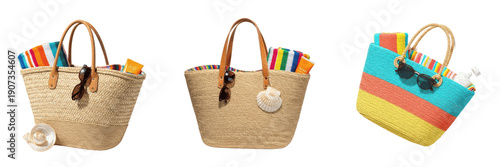 Beach Tote Bag Set Isolated on Transparent Background, Woven Straw and Colorful Canvas Summer Accessory PNG Collection
