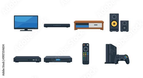 Modern Media Devices. Entertainment and media devices flat style: flat screen TV, soundbar, media console, speaker, DVD player, Blu-ray player, remote control