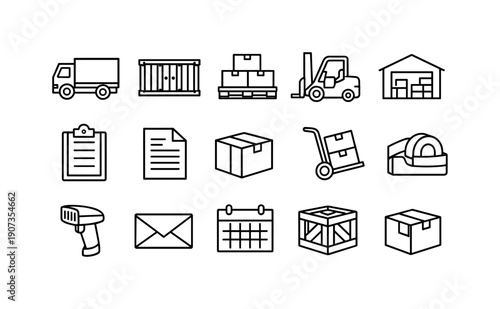 Logistics Operations Strategy in linear style: delivery truck, cargo container, pallet, forklift, warehouse, clipboard, document, box, hand truck, tape