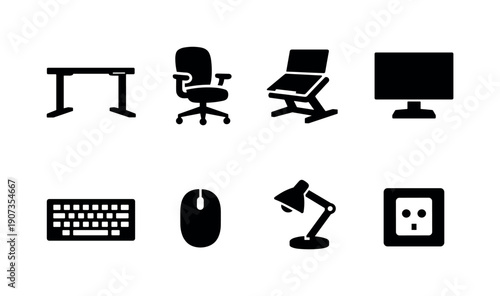 Office hot desk setup: adjustable desk, office chair, laptop stand, external monitor, keyboard, mouse, desk lamp, power outlet