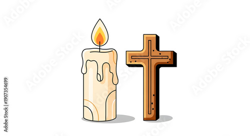 A lit candle and a wooden cross standing side by side on a pure symbolizing hope and faith easter