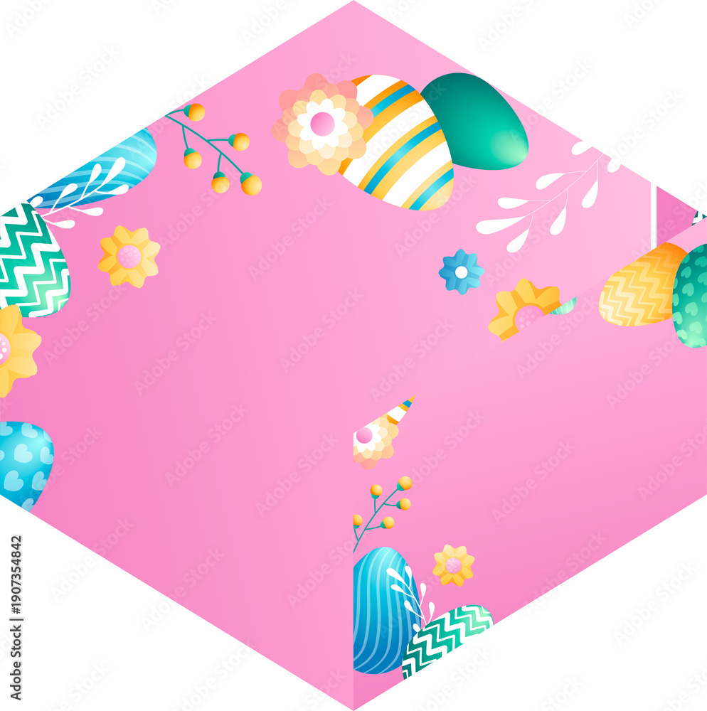 Naklejka premium A pastel pink hexagon gift box lid with Easter egg and flower decorations is shown in a bright 3D illustration style