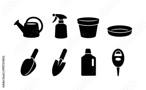 Home indoor plant care tools: watering can, spray bottle, plant pot, pot saucer, soil scoop, hand trowel, fertilizer bottle, moisture meter