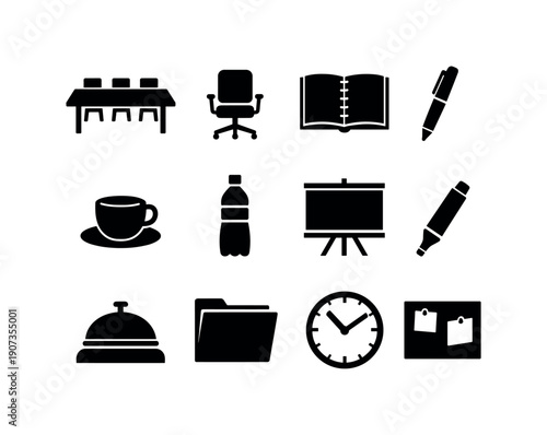 Global strategy alignment meeting items in silhouette style: meeting table, chair, notebook, pen, coffee cup, water bottle, presentation board, marker pen, desk