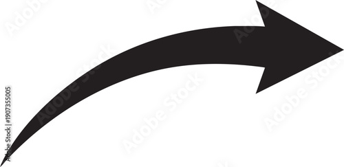 Black curved arrow pointing to the right on white background direction