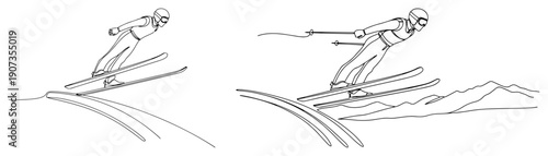 Continuous line drawing of professional ski jumping and alpine skier on mountain slope
