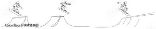 Minimalist continuous line art of a professional snowboarder performing jumps and tricks on a snow ramp