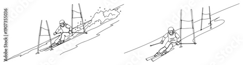 Continuous line drawing of professional skiers competing in a downhill slalom race on a snowy mountain slope