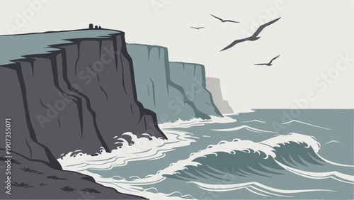 Dramatic Coastal Cliffs Over Crashing Ocean Waves with Seagulls Flying High for Travel Brochures or Environmental Design Projects