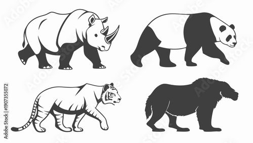 Wild Animal Silhouettes Set Rhino Panda Tiger Bear Safari Zoo Wildlife Graphic Design Element for Education Print Web
