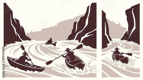 Dynamic Kayakers Navigate Rushing River Rapids Through Rocky Canyon Perfect For Adventure Travel Web Design Outdoor Sports Promotion