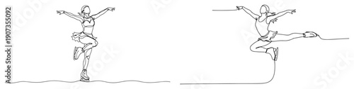 Elegant continuous line drawing of professional figure skaters performing graceful movements on the ice rink