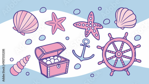 Nautical Summer Vacation Icons Set Pink and Blue Sea Treasure Anchor Ship Wheel for Kids Party Design