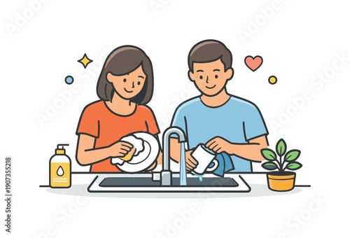 Everyday family care shown through quiet shared household routine at home, two adults washing dishes together at a simple sink with a small plant representing