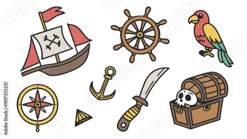 Pirate Treasure Map Adventure Icons Set for Kids Game Design Web Graphics Holiday Party Invitations Fun Storytelling
