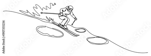 Single continuous line drawing of a professional skier skiing downhill fast on a snowy mountain slope