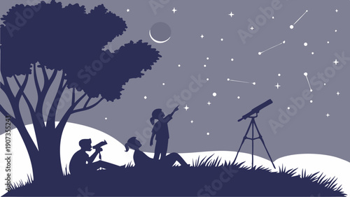 Family Stargazing Night Sky Astronomy Learning Outdoors with Telescope for Science Education and Summer Vacation Posters