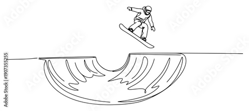 One continuous line drawing of a snowboarder jumping high in a halfpipe during winter sports competition