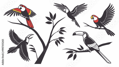 Vibrant Tropical Birds Macaw Toucan Flying Perching Jungle Wildlife Illustration Design Element for Travel Websites