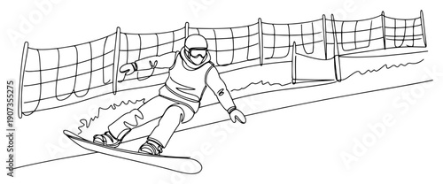 Elegant continuous line drawing of a professional snowboarder sliding down a snowy mountain slope next to a safety fence