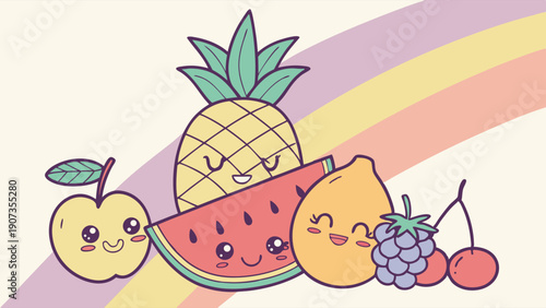 Cute Kawaii Fruits Rainbow Background for Kids Food Branding Summer Fun Healthy Eating Web Design Graphics