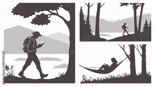 Hikers Exploring Nature Using Mobile Devices Relaxing Outdoors Digital Detox Balance for Travel Brochures and Outdoor Lifestyle Websites