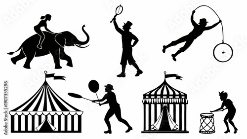 Circus Performance Silhouettes Vector Set Funfair Carnival Tent Elephant Rider Acrobat Drummer for Event Promotion Design