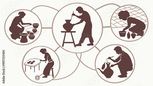 Artisans Crafting Pottery Workflow Process Silhouettes Illustrating Traditional Ceramic Manufacturing Stages for Craft Websites