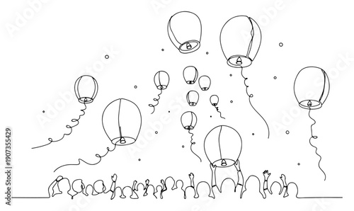 Continuous line drawing of people releasing flying sky lanterns during a festival