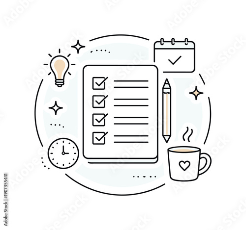 Mindful task completion and reducing overwhelm in a structured professional routine where work feels manageable, a single checklist beside a soft circular
