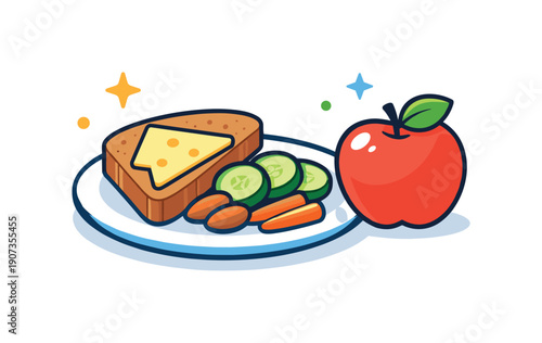 Calm daily routine of preparing a light snack to maintain energy and balance, a small plate paired with a fruit icon representing simple nourishment and steady