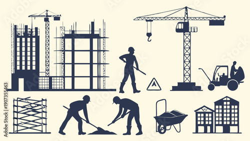 Construction Site Silhouettes Workers Building High Rise Structures with Cranes for Real Estate Development and Infrastructure Projects