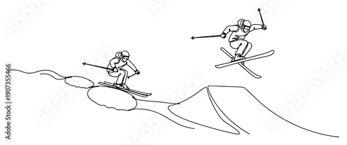 Continuous line drawing of two skiers performing jumps and tricks in a snow park during winter