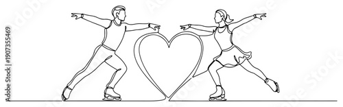Minimalist single line illustration of a pair of figure skaters performing with a heart symbol on ice