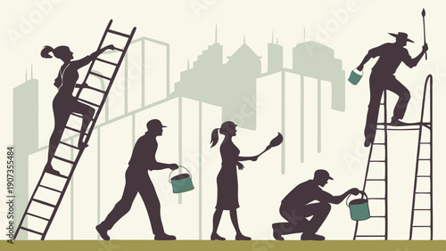 Diverse Team Painting and Renovating City Buildings Silhouettes Promoting Urban Improvement and Community Service Projects