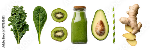 Green smoothie with kale kiwi avocado and ginger isolated on transparent or white background, png