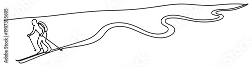 Single continuous line drawing of a skier trekking through a winding mountain trail in winter